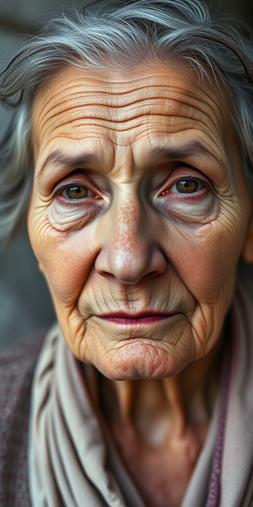 Create a hyper-realistic portrait of an elderly woman with gray hair and visible wrinkles, 50mm lens, f/1.8 aperture, natural lighting, shot on a full-frame DSLR camera, with a soft-focus background to enhance the subject clarity.