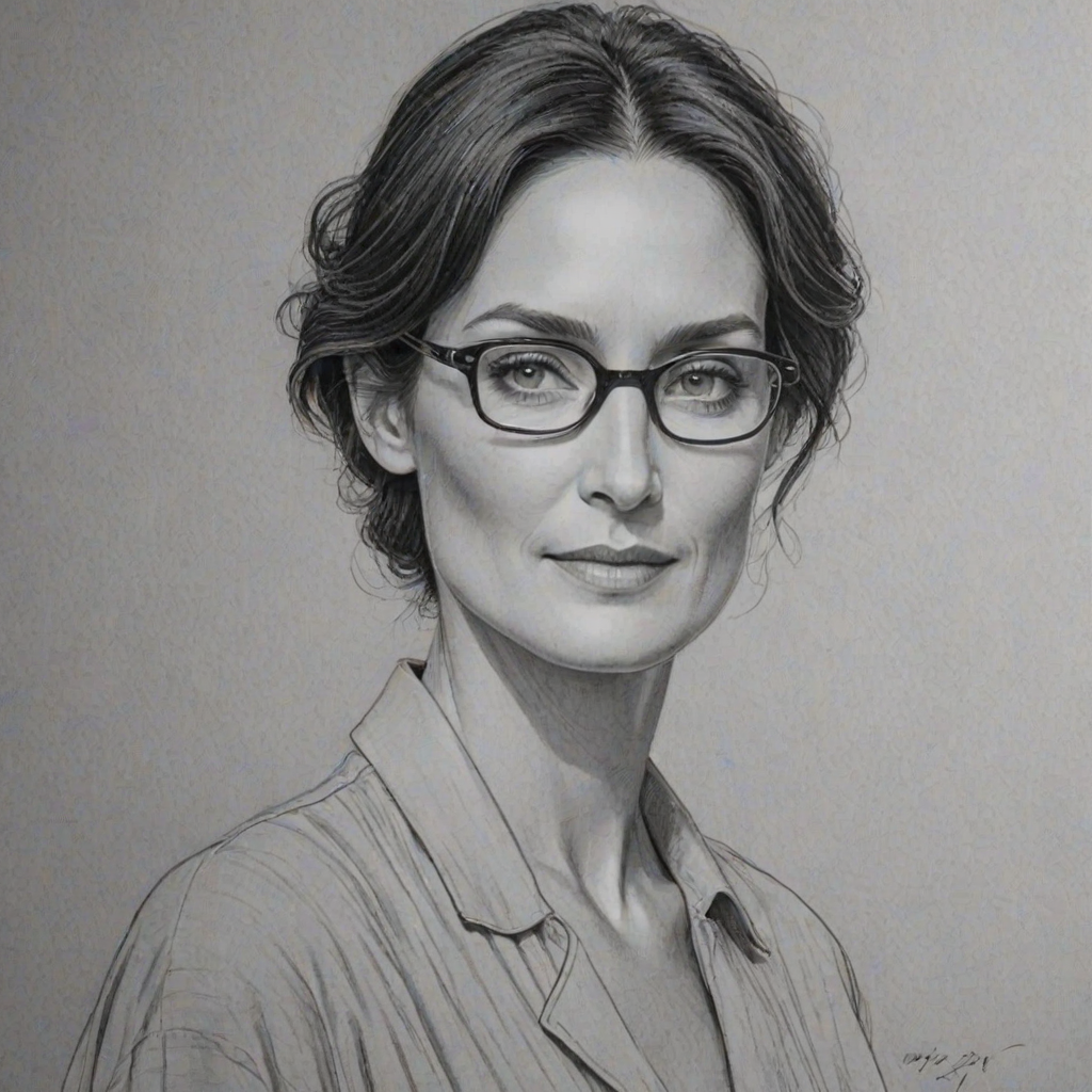 Delightful Carrie-Anne Moss, pencil sketch, portrait of Comely woman 1956s in glasses, hair style beatnik, outline, clear lines, fine lines, 8k