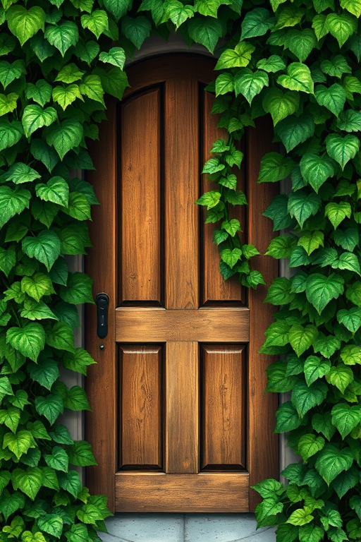 Create a highly detailed illustration of a wooden door covered in lush green vines and leaves, shot with a DSLR camera at f/2.8 aperture, ISO 100, 50mm lens, top-down view for a vibrant and sharp focus on the foliage.