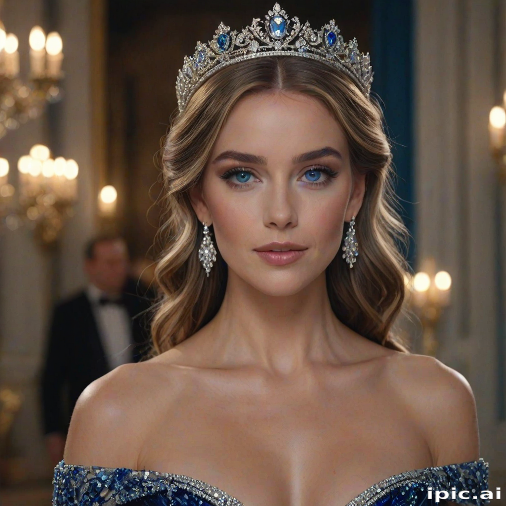 A gorgeous woman in a luxurious blue gown, accessorized with a dazzling tiara and statement earrings, her deep blue eyes highlighted by impeccable makeup, poised in a royal setting, photorealistic, 8K quality
