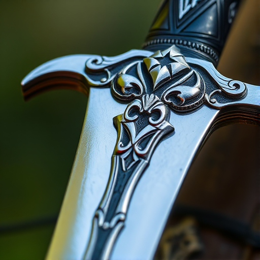 A highly detailed close-up of an ornate sword with a silver blade and intricate hilt design, using a DSLR camera with a 50mm lens, f/2.8 aperture, 1/250 sec shutter speed, ISO 100, shot in natural light to enhance reflections and textures.