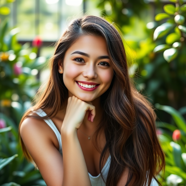 portrait of a young woman smiling while resting her chin on her hand in a lush garden setting, soft natural light, 50mm lens, f/1.8 aperture, ISO 100, shallow depth of field, Canon DSLR, vibrant colors