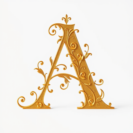Create an elegant golden letter "A" adorned with intricate swirls and floral designs on a clean background, captured with a DSLR camera at f/2.8, ISO 100, and a 50mm lens, using a shallow depth of field for a soft bokeh effect.