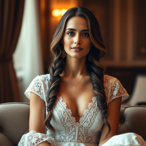Create a portrait of a refined and elegant Afghan woman seated in a sophisticated setting. She has long, wavy hair styled in two thick braids that are pulled over her shoulders. She wears a white, lace gown with intricate patterns, featuring a deep V-neckline and short sleeves. The dress exudes a vintage charm with its delicate lacework. She is adorned with ornate, dangling earrings that add a touch of glamour to her appearance. The background is softly lit, with warm, ambient lighting that creates a cozy and inviting atmosphere. Her expression is poised and serene, capturing a sense of grace and elegance.