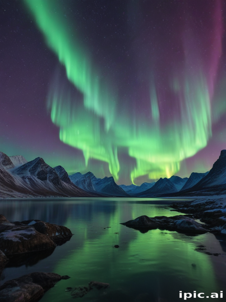 Majestic Northern Lights Dance Over Serene Lake and Snowy Mountains
