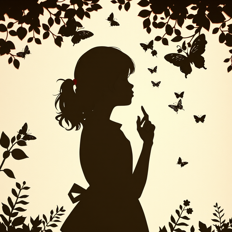 Regenerate the paper art scene featuring a silhouette of a girl blowing a kiss with butterflies and foliage, shot with a Canon EOS R5, 50mm f/1.8 lens, aperture at f/2.8, ISO 100, soft lighting, and a shallow depth of field for a dreamy effect.