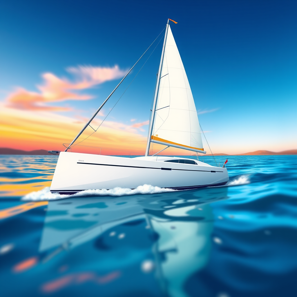 Create a high-resolution vector image of a sailboat with a sleek design, using a 50mm lens at f/8 aperture, ISO 100, from a low-angle perspective, with a shallow depth of field, showcasing vibrant colors and clear details, in a digital illustration style.