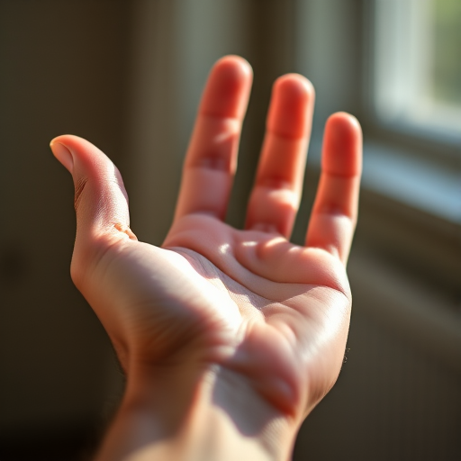 Create a high-resolution image of a human hand in a relaxed, open position with soft, natural lighting, captured using a DSLR camera with an aperture of f/2.8, a shutter speed of 1/100s, and an ISO of 200 from a close-up view.