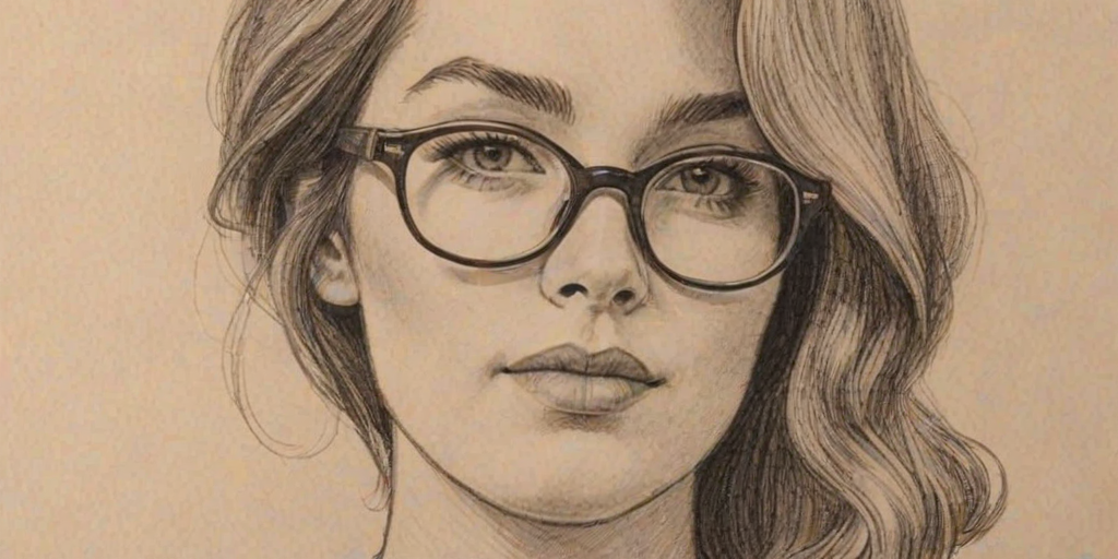 Lovely Kathryn Gallagher, pencil sketch, portrait of Resplendent woman 1969s in glasses, hair style beatnik, outline, clear lines, fine lines, 8k