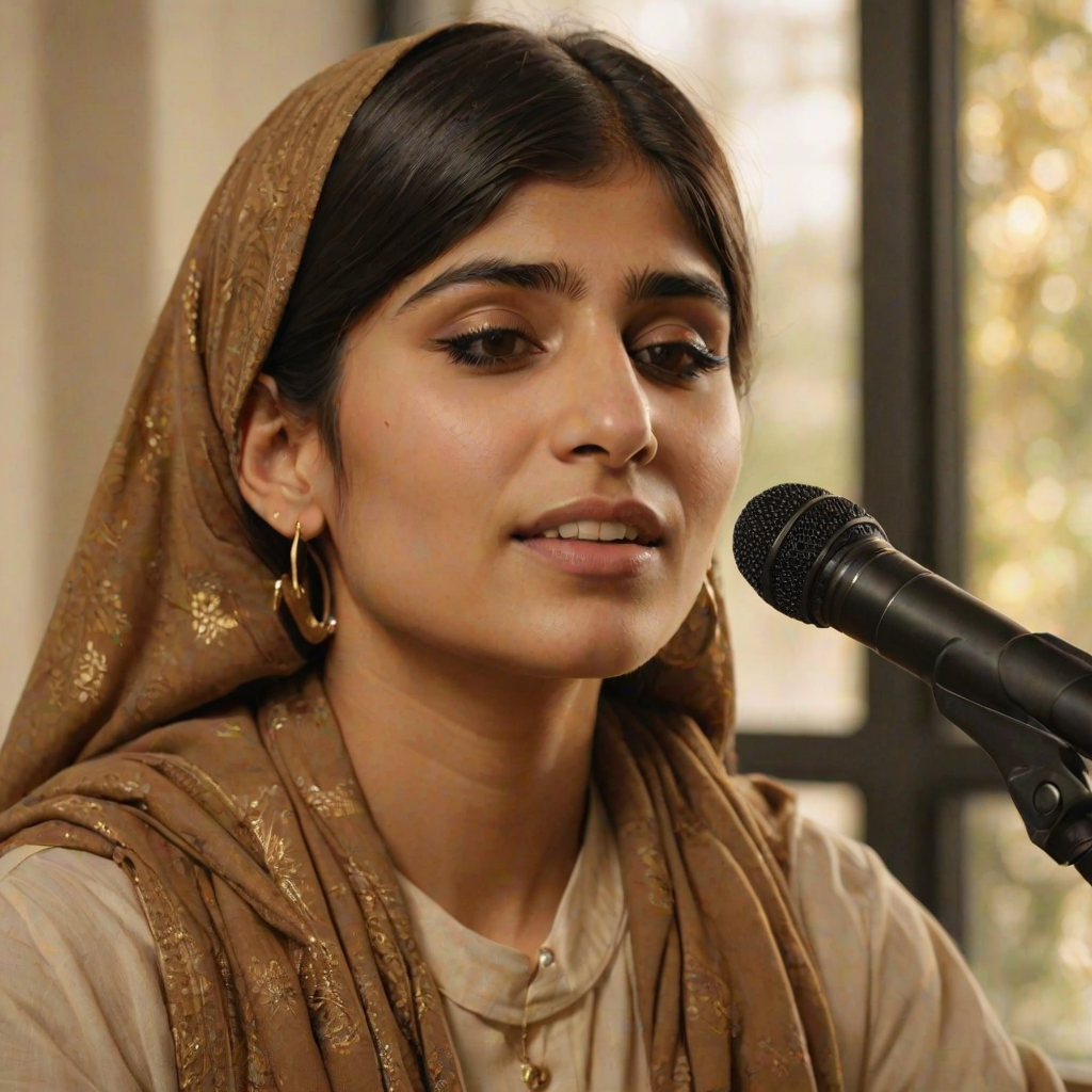 A close-up portrait of a mia khalifa with her eyes closed, singing into a microphone, positioned on the right side of the frame, facing the viewer. She is wearing a brown headscarf, gold earrings, and a brown blouse, and is bathed in warm, golden light emanating from the windows behind her. A blurred figure of a man singing into a microphone is visible in the background. The scene has a sense of calm and spirituality.