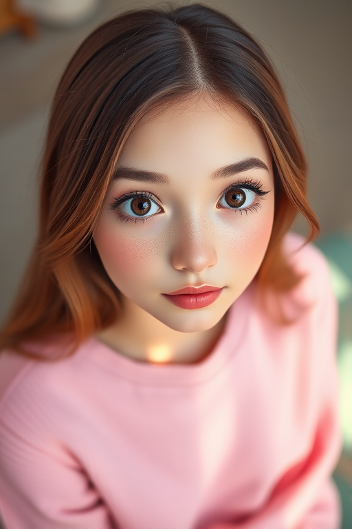 Create a digital illustration of a young woman with long brown hair and big dark eyes, wearing a pink sweater, in a soft focus style, with a high-resolution 4K quality, using a 50mm lens at f/1.8 aperture for a shallow depth of field, capturing from a slightly above eye level perspective.
