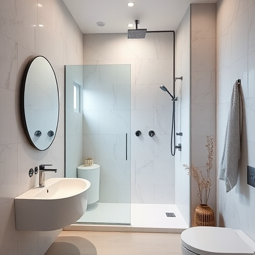 interior bathroom with modern design, featuring a sleek shower enclosure, oval mirror, and minimalist decor, soft natural lighting, 35mm lens, f/4 aperture, ISO 200, shot from eye level with a wide-angle view, using a DSLR camera