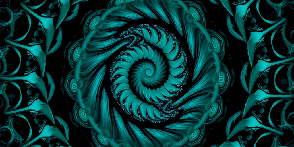 Create a vibrant fractal swirl design with intricate patterns in teal and black, ISO 100, f/8 aperture, 50mm lens, shot from a symmetrical overhead angle, using a high-resolution DSLR camera for optimal image quality.