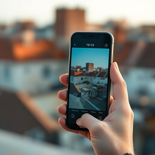 Create an image of a person holding a smartphone outdoors with a blurred background of rooftops, using a wide aperture of f/2.8, shutter speed of 1/200s, ISO 100, 35mm lens, soft natural lighting, and a shallow depth of field to enhance the focus on the phone.