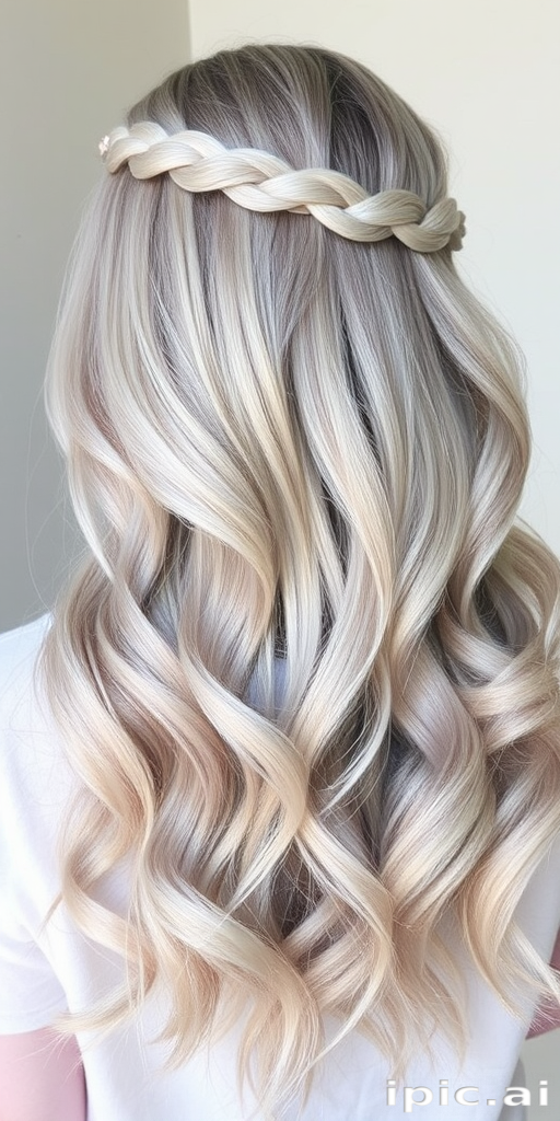 Cool ash blonde hair is transformed into the ethereal "Moonlit Haze" style. The long, layered cut is styled in soft, romantic waves that seem to float weightlessly. Pale silver highlights throughout create a subtle shimmer, while a delicate braided crown adds an elegant, otherworldly touch to this dreamy look.