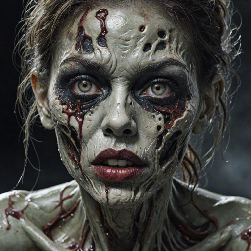 (perspective) of A creepy (ethnicity) zombie cyborg with (descriptive color) skin, (color) lipstick (color) liquid flowing from her eyes and mouth, (perspective two) portrait, (camera angle), extremely detailed, (art style) in the style of Yoshitaka Amano and Tetsuo Hara. --ar 85:128 --style raw --niji 6