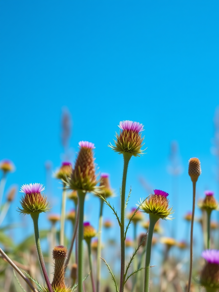 wildflowers against a bright blue sky, close-up focus on thistle-like plants, ISO 200, f/8, shutter speed 1/250s, landscape orientation, DSLR camera, natural lighting, high resolution