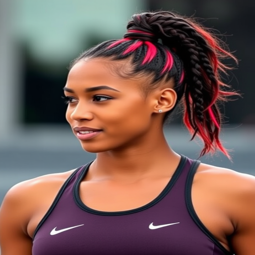 Confident athlete showcasing a high, textured ponytail with cornrow braids along the sides, accented with vibrant red streaks