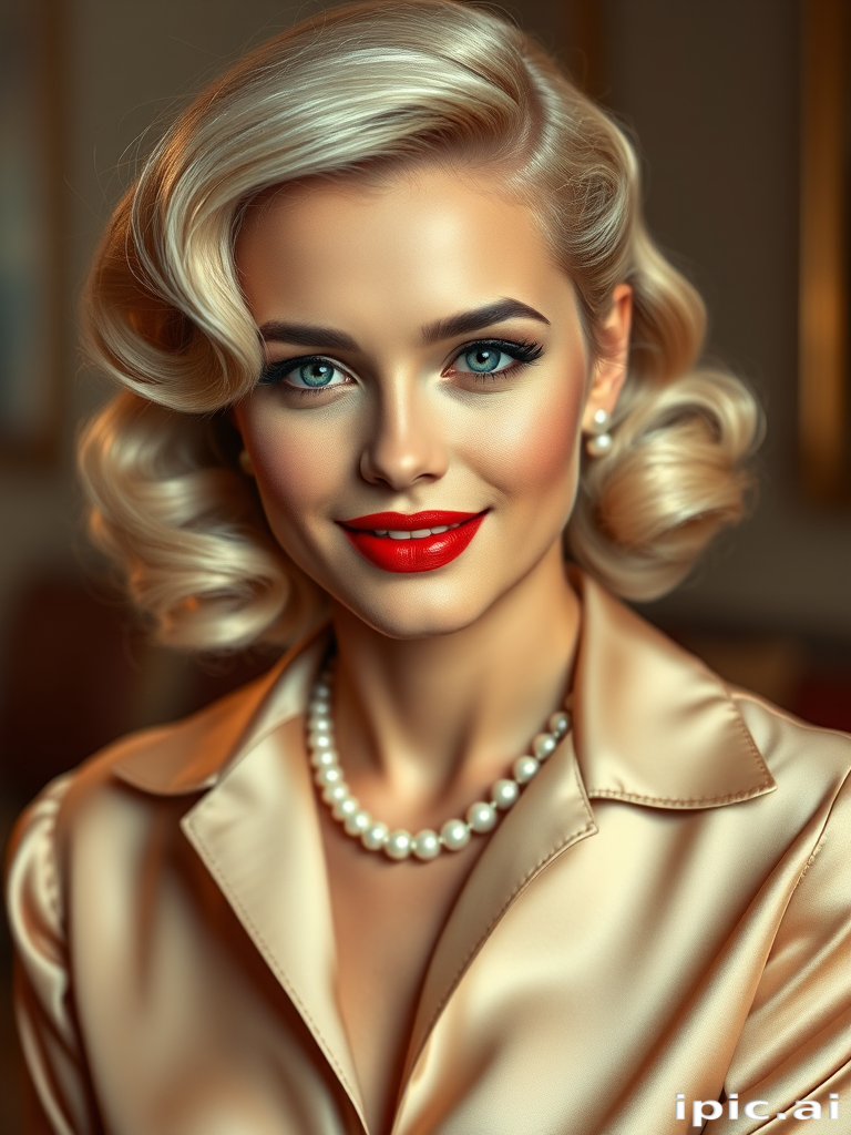 A beautiful woman reminiscent of 1950s Hollywood glamour, with perfectly styled blonde hair and a seductive smile, dressed in a satin blouse and adorned with pearls, soft and warm tones, photorealistic, 8K