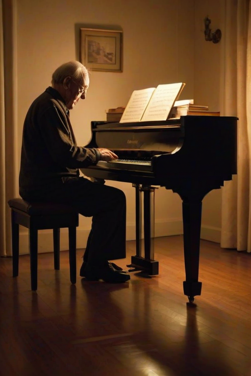 Warmly lit photo of an elderly man playing a piano in a dimly lit room, soft glow from a nearby lamp casting warm shadows on the walls, sheet music resting on the stand, the smell of polished wood and the soft sound of piano keys filling the air.