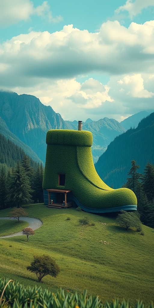 Create a whimsical image of a giant shoe-shaped house nestled in a lush green landscape with majestic mountains in the background, captured with a Canon EOS R5 at f/8, 1/125 sec, ISO 100, wide-angle lens 24mm, with a dreamy, surreal atmosphere and soft focus.