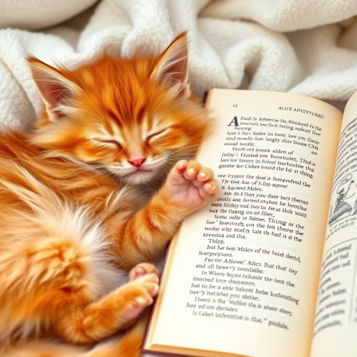 A fluffy orange kitten sleeping peacefully on a soft white blanket with its paws in the air next to an open book featuring text from Alice's Adventures in Wonderland. The kitten has a content expression, and the book pages show illustrations and text, creating a cozy and whimsical scene.