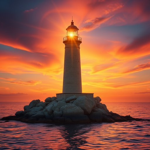 Generate an image of a tall lighthouse perched on a rocky outcrop surrounded by calm ocean waters during a breathtaking sunset. The lighthouse stands sturdy and weathered, its stone surface illuminated by the warm golden light of the setting sun. The sun's rays pass directly through the glass lantern room at the top of the lighthouse, casting a brilliant light across the scene. The sky is painted with vibrant shades of orange, pink, and purple, reflecting off the tranquil sea. The surrounding water shimmers with the same warm hues, creating a serene and majestic atmosphere.