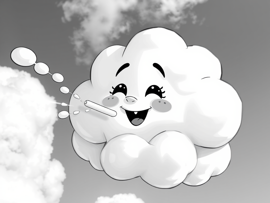 Create a whimsical illustration of a cartoon cloud character blowing air with a joyful expression, high contrast monochrome style, 50mm lens, f/4 aperture, ISO 100, soft natural lighting, eye-level view, digital illustration style.