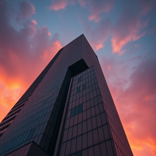 Capture a low-angle shot of a tall, modern skyscraper at sunset, using a Canon EOS R5 with a 24-70mm f/2.8 lens at ISO 100, f/8, and a shutter speed of 1/200s to ensure sharpness and vibrant colors.