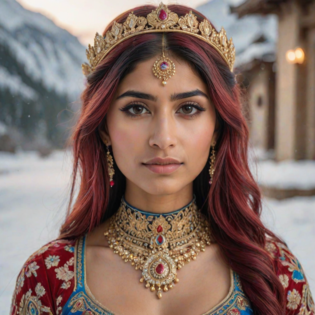 mia khalifa with long, flowing red hair, wearing a traditional, ornate red and blue costume with gold accents and intricate embroidery, stands facing the viewer in a close-up portrait. Her hair is styled in a high ponytail and adorned with a pair of golden, winged hairpieces. She wears gold earrings and her makeup is accented with light pink blush and a bright red lip. She has a soft and slightly melancholic expression, with her eyes looking directly at the camera. The background is a blurred, out-of-focus snowy landscape, with the woman in the foreground. The lighting is soft and natural, creating a warm, intimate atmosphere. The image is composed using a shallow depth of field, with the woman as the main focal point. The overall style is elegant, delicate, and fairytale-like.