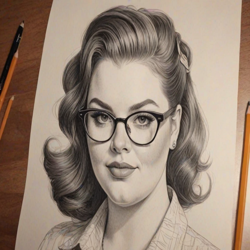Lovely Tess Holliday, pencil sketch, portrait of Splendid woman 1970s in glasses, hair style beatnik, outline, clear lines, fine lines, 8k