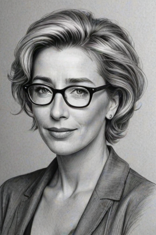 Elegant Emma Thompson, pencil sketch, portrait of Graceful woman 1964s in glasses, hair style beatnik, outline, clear lines, fine lines, 8k