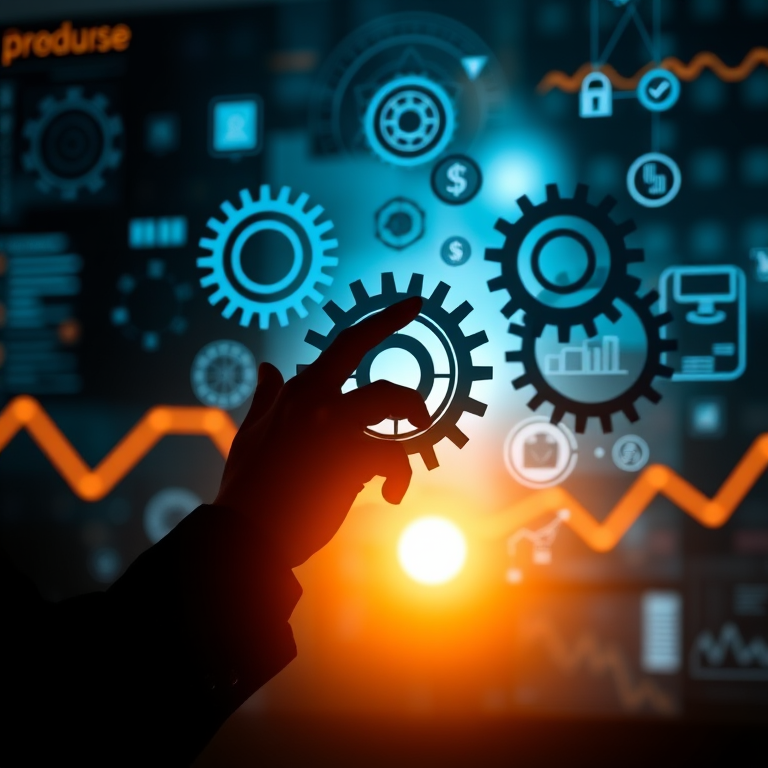 Silhouette of a business person interacting with digital gears and icons representing technology and finance, backlit by a glowing light with a dynamic, futuristic background, captured with a Canon EOS R5, f/2.8 aperture, 1/125 shutter speed, ISO 100, wide-angle lens, in a low-key style.