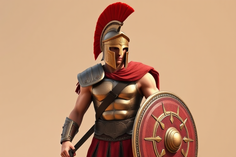 Create a highly detailed digital rendering of a Spartan warrior in a dynamic pose, wearing traditional armor with a Corinthian helmet and a red plume, holding a shield, against a neutral background, captured with a Canon EOS R5, 50mm lens, aperture f/1.8, ISO 100, in natural lighting for enhanced realism.