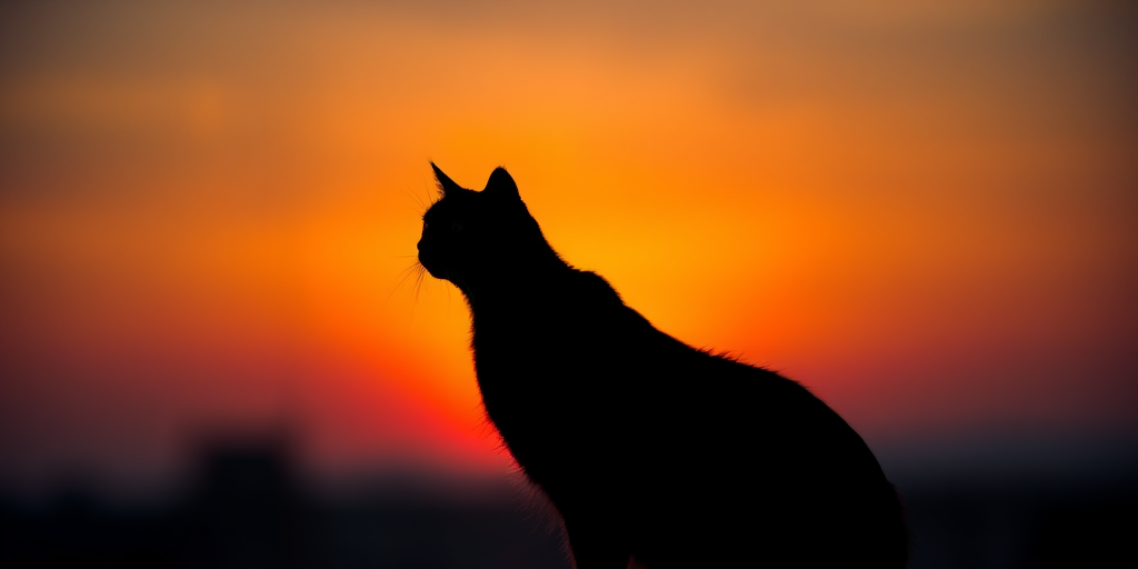 Generate a high-resolution image of a stylized black cat silhouette against a vibrant sunset background with a Canon EOS 5D Mark IV, 50mm lens, aperture f/1.8, ISO 100, and a soft bokeh effect.