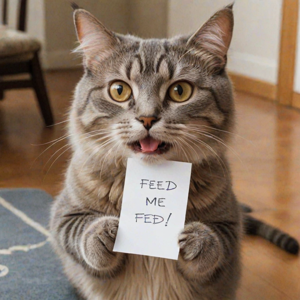 cat holding a note which says "FEED ME"
