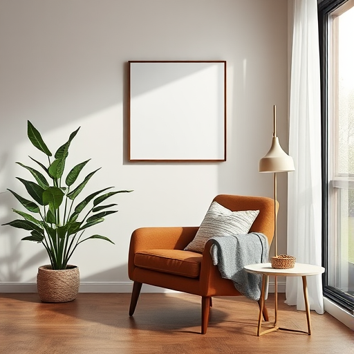 modern living room interior design with a cozy brown armchair, potted plant, minimalist art on the wall, soft lighting, high-resolution, 50mm lens, f/1.8 aperture, ISO 100, natural light, soft focus, wide-angle view