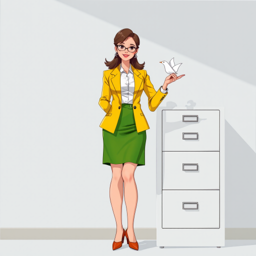 Create an illustration of a confident woman in a green skirt and yellow blazer holding a paper bird next to a white filing cabinet, using a high-resolution digital art style with a soft focus lens, 50mm focal length, and a bright color palette for enhanced vibrancy.