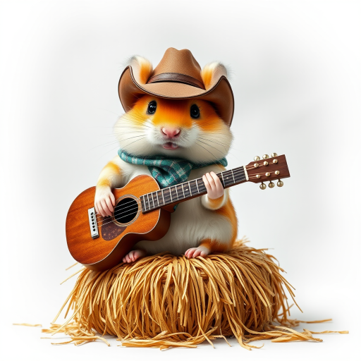 A chibi hamster, dressed as a cowboy, playing guitar, sitting on a hay bale