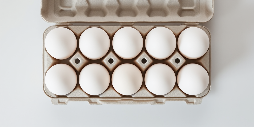 High-resolution image of a carton of ten white eggs on a neutral background, taken with a DSLR camera at f/2.8 aperture, ISO 100, 1/60 second shutter speed, overhead view, natural lighting for enhanced clarity and detail.