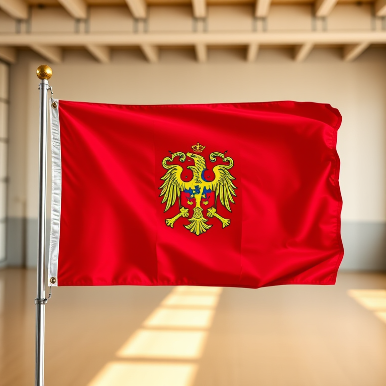 Create an image of the Romanian flag with vibrant colors, captured using a DSLR camera, 35mm lens, f/8 aperture, ISO 100, in a well-lit environment, focusing directly on the flag's texture and details.