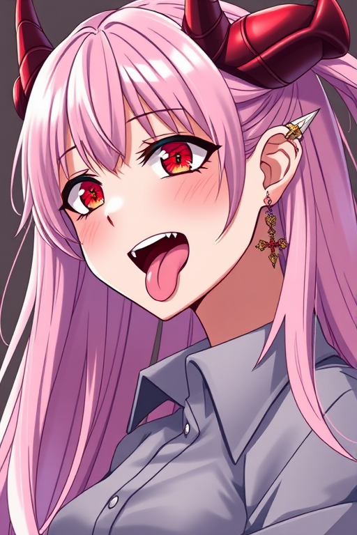 i want the whole image to be created in 3D anime style, 1girl, solo, long hair, looking at viewer, smile, open mouth, shirt, red eyes, hair between eyes, jewelry, pink hair, earrings, horns, teeth, tongue, collared shirt, tongue out, symbol-shaped pupils, eyelashes, fangs, piercing, sharp teeth, demon horns, ear piercing, portrait, red horns, cross-shaped pupils, tongue piercing, power (chainsaw man)
