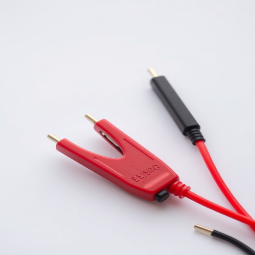 Create a high-resolution image of three clip leads, two black and one red, on a clean white background, captured with a Canon EOS R5 using a 50mm f/1.2 lens, aperture set to f/2.8, ISO 100, and a shallow depth of field for a professional look.
