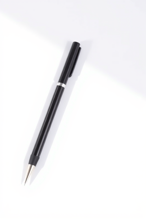 Create an image of a sleek black pen angled diagonally on a plain white background, captured with a DSLR camera at f/2.8 aperture, 50mm lens, ISO 100, with soft natural lighting to enhance the details and texture of the pen.