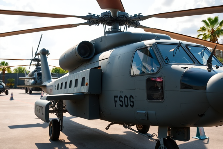high-resolution image of a military helicopter on display outdoors, capturing a side view with natural lighting, aperture f/8, shutter speed 1/250s, ISO 100, DSLR camera, wide-angle lens, vibrant colors and sharp details