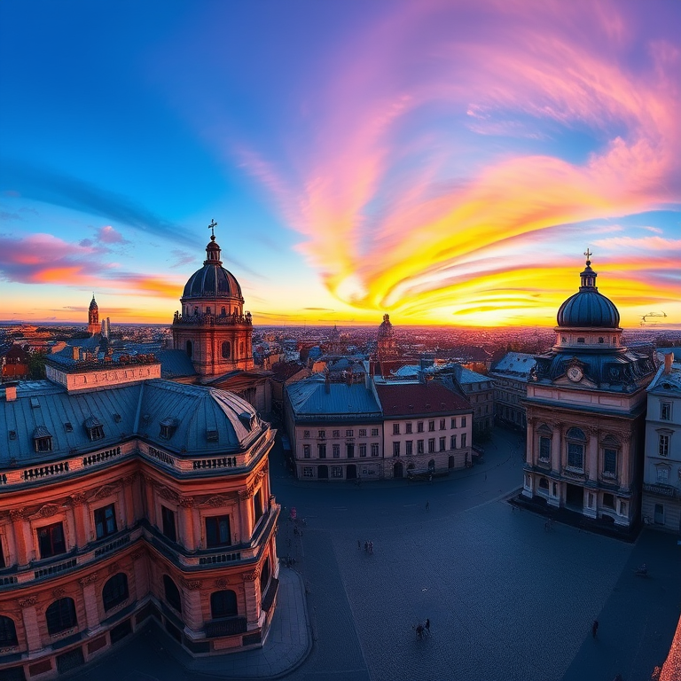 A stunning panoramic view of a historic cityscape at sunset, capturing the grandeur of classic architecture with vibrant colors in the sky, shot with a Canon EOS R5, 24mm lens, aperture f/8, ISO 100, 1/200s exposure, wide-angle perspective for enhanced detail and depth.