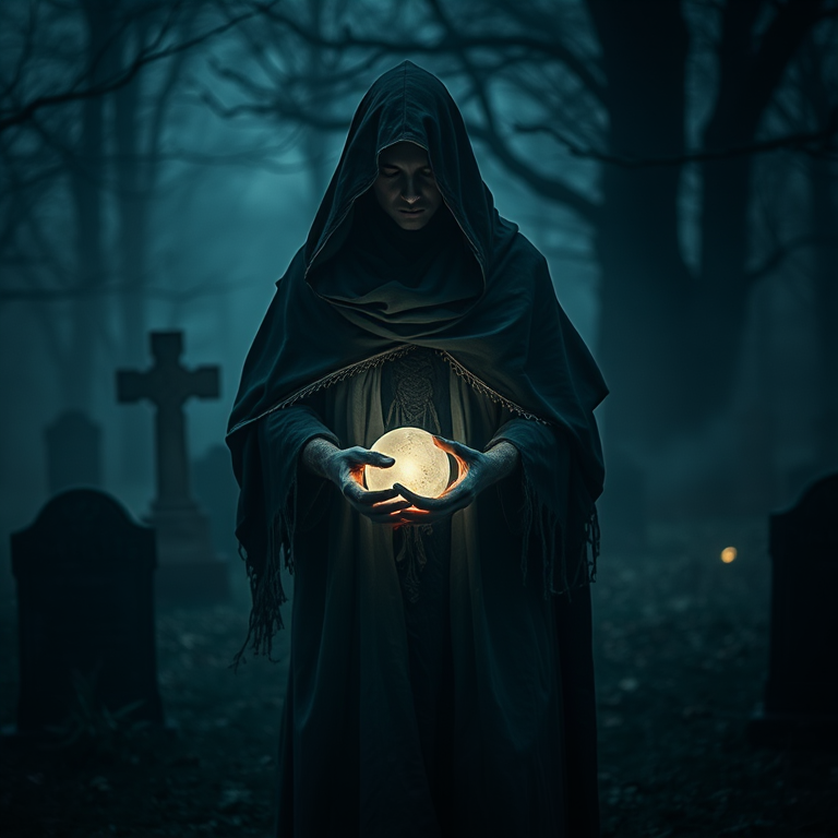 Create a dark fantasy scene depicting a mystical figure in a tattered cloak, holding a glowing orb, surrounded by an eerie graveyard, low-light atmosphere with fog, shot with a Canon EOS R5 at f/1.8, ISO 400, 24mm, capturing a shallow depth of field to emphasize the details of the figure and soft background.