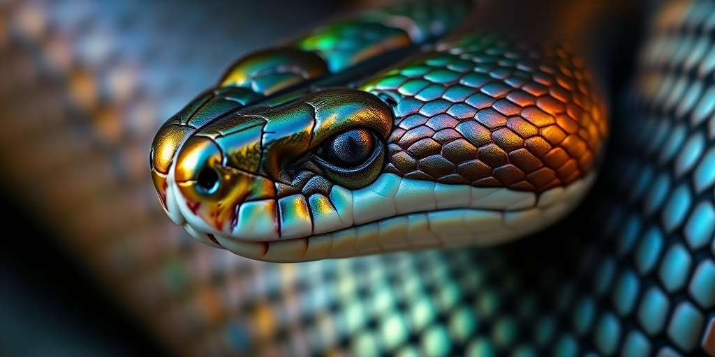 High-resolution macro shot of an iridescent snake with intricate scales, shallow depth of field, 85mm lens, f/2.8 aperture, ISO 200, natural light.