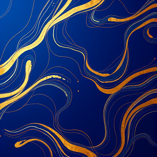 create a vibrant abstract pattern of swirling gold and cream lines on a deep blue background, using a DSLR camera with a 50mm lens, aperture f/2.8, ISO 200, shooting from a top-down view in high-quality mode for enhanced color saturation and detail