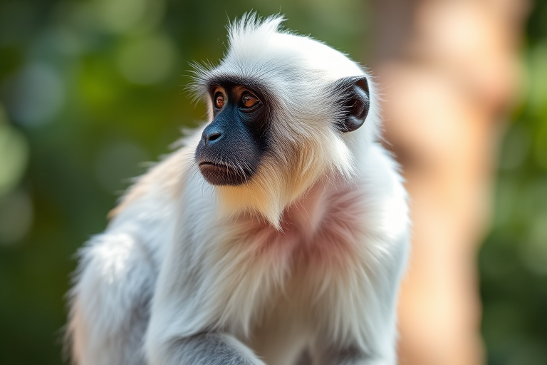 Create a high-resolution image of a monkey with distinctive white fur and a black face, captured in natural light outdoors, using a DSLR camera with a 50mm lens, aperture set to f/2.8, ISO 200, and a shutter speed of 1/500 sec, in a side profile view to highlight facial features and fur texture.